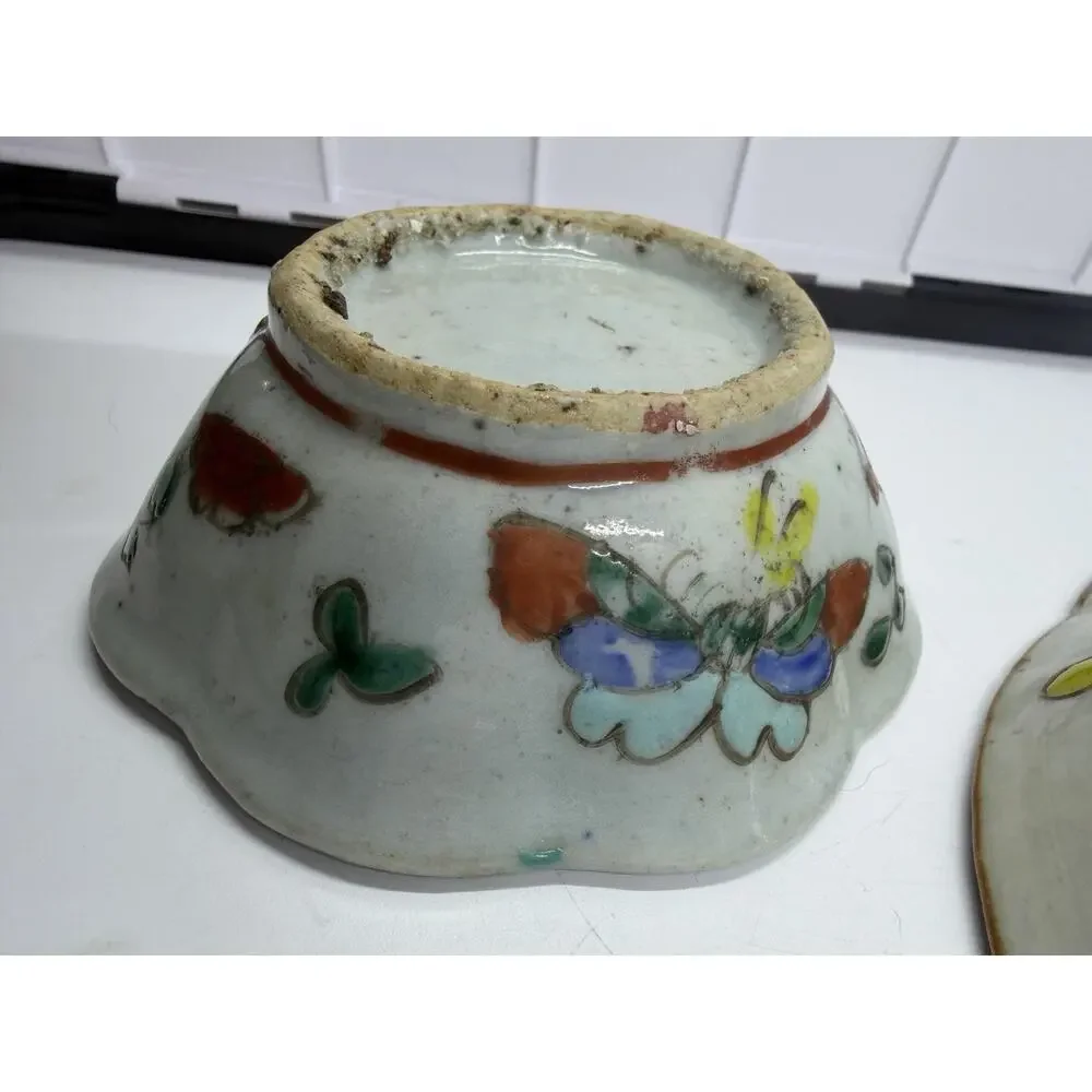 3 Antique Chinese Famille Rose Porcelain Bowl & Scalloped Dishes Set Turquoise
